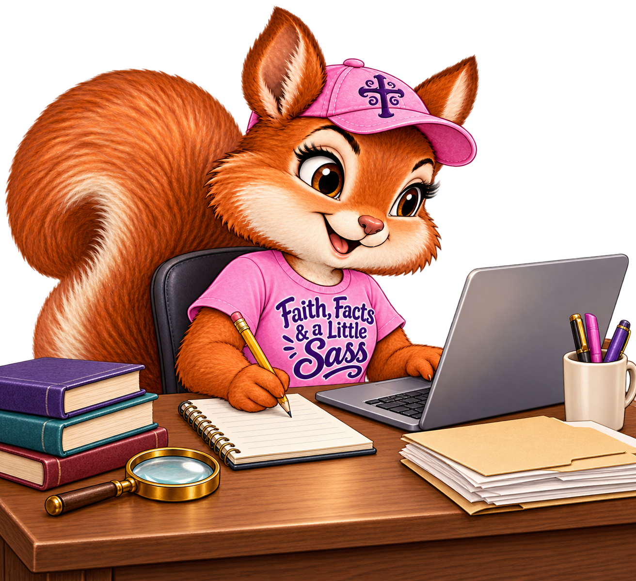 The squirrel reporter investigating online at her desk and writing in a notepad